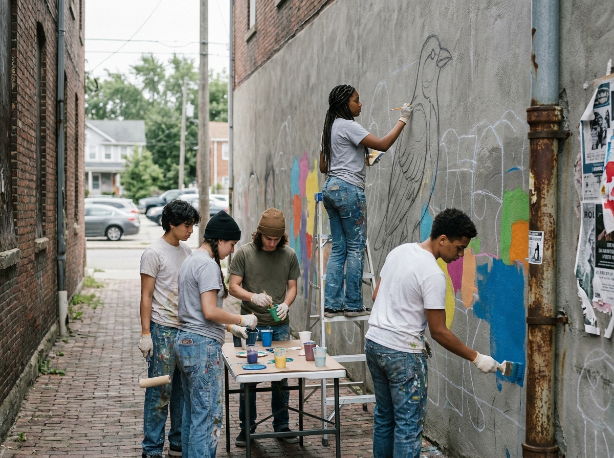 Jeunes adultes de diverses origines peignant ensemble une fresque murale communautaire dans un quartier urbain, illustrant l'apprentissage du vivre-ensemble et du dialogue interculturel à travers un projet artistique collectif