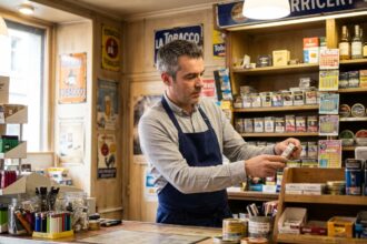 Gérant d'un bureau de tabac à Chambéry derrière son comptoir, entouré de présentoirs de cigarettes et de tickets de loterie