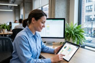 Technicienne terrain consultant un tableau de bord de gestion des interventions sur tablette dans un bureau moderne