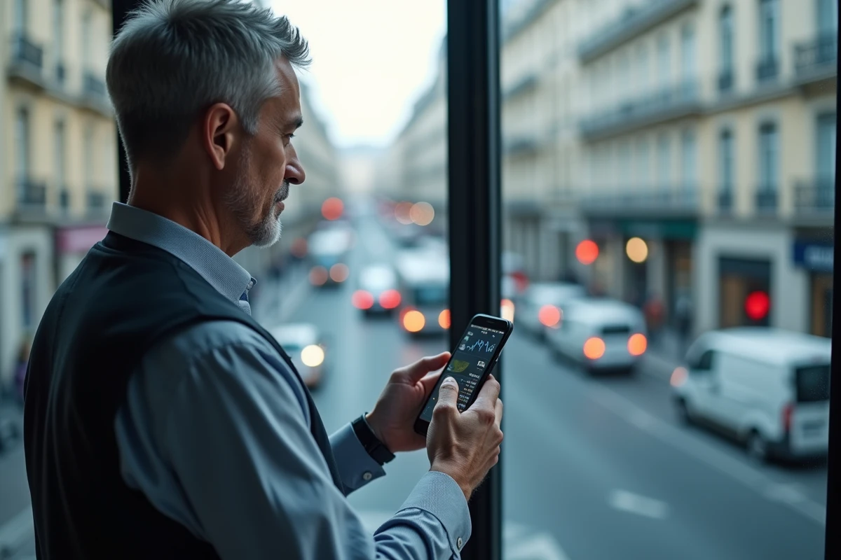 Gestionnaire logistique utilisant un smartphone dans un bureau parisien