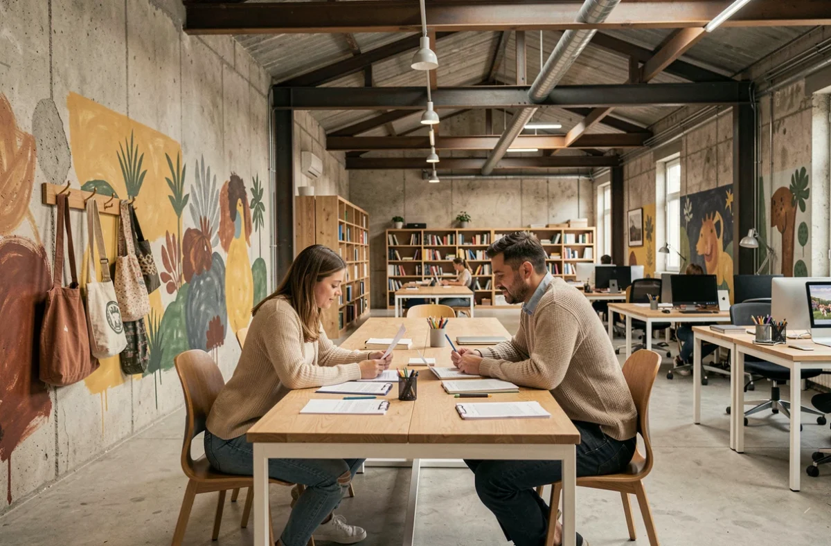 Espace de travail partagé GII-Ivry à Ivry-sur-Seine dans un loft industriel avec mobilier communautaire et fresques murales