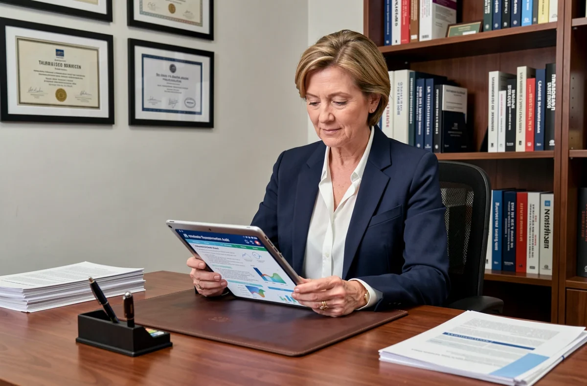 Consultante de GND Consulting examinant un rapport d'audit de transformation numérique dans un bureau professionnel