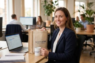 Femme souriante tenant des goodies personnalisés de marque — mug et tote bag logotypé — dans un bureau moderne, illustrant la fidélisation client par l'objet publicitaire