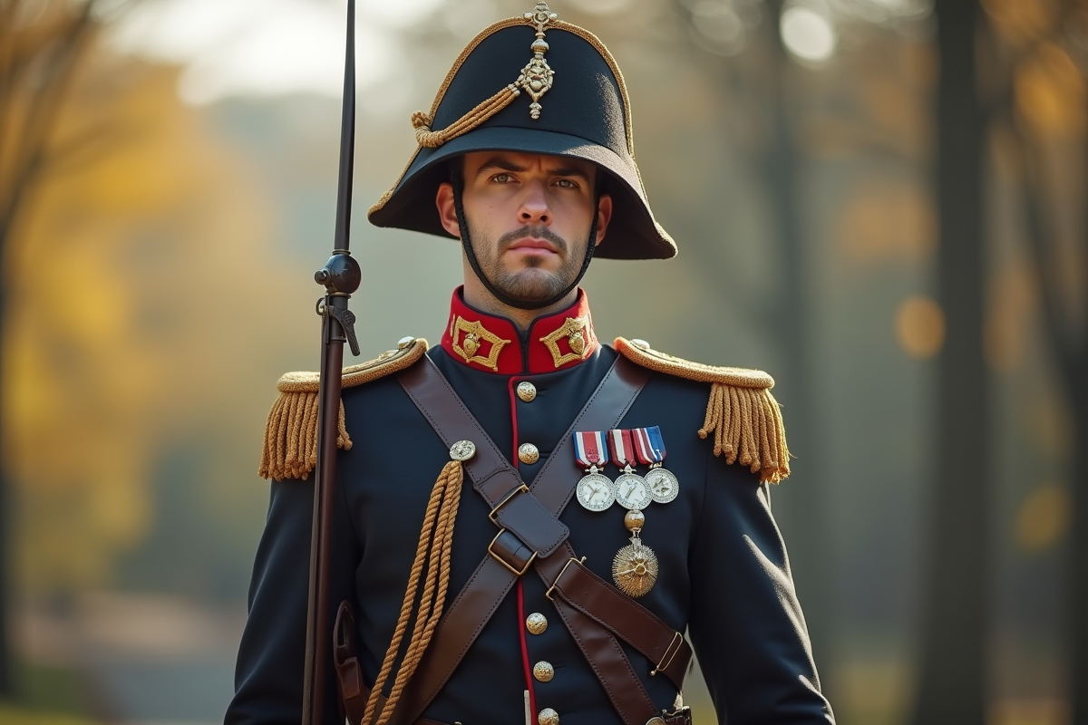 Grenadier en uniforme historique debout en extérieur