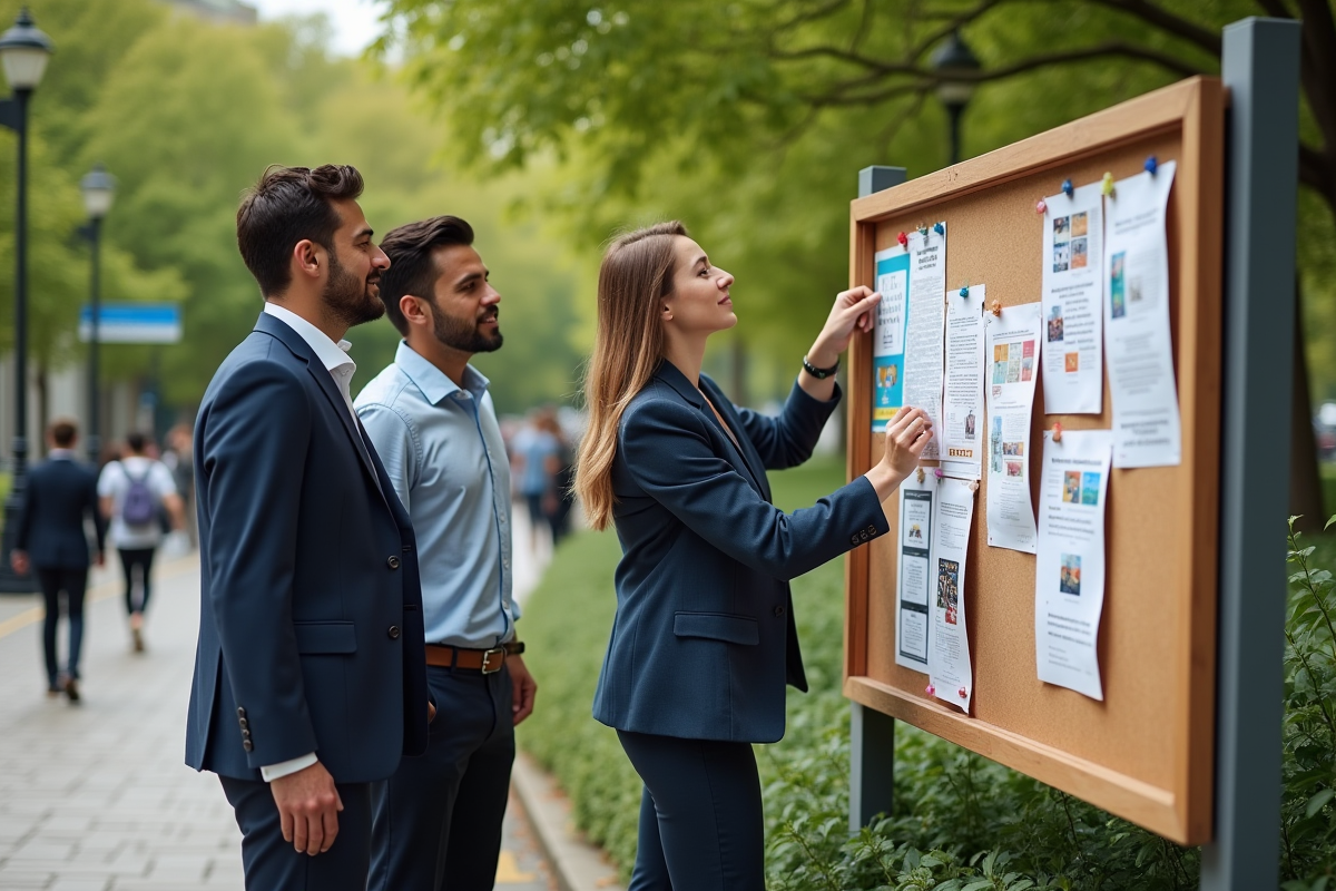 Groupe de trois personnes collant des flyers dans un parc urbain