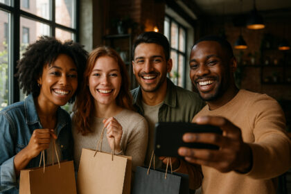 Groupe d'amis souriants prenant un selfie dans un cafe urbain