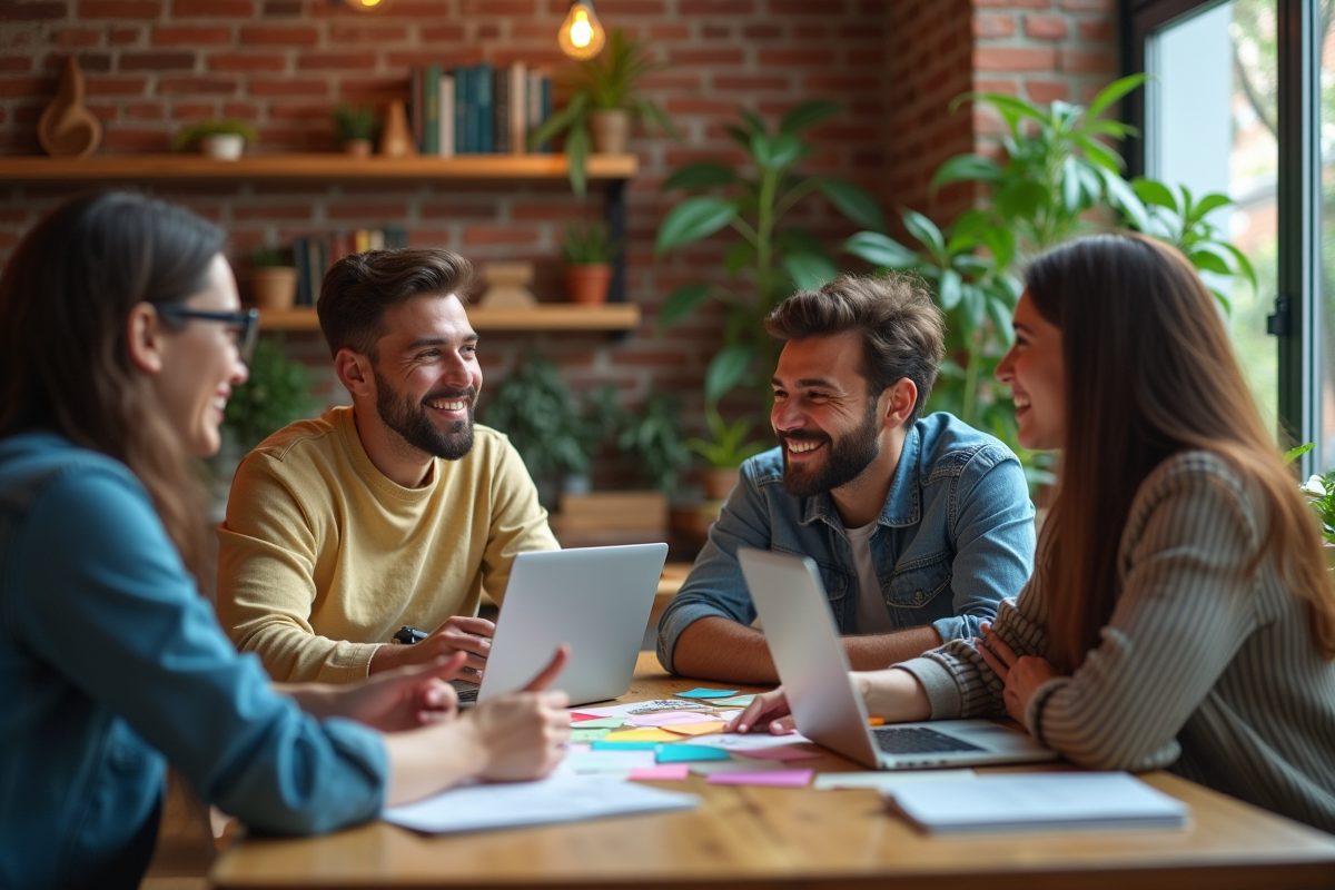 Groupe diversifié en brainstorming dans un café coworking
