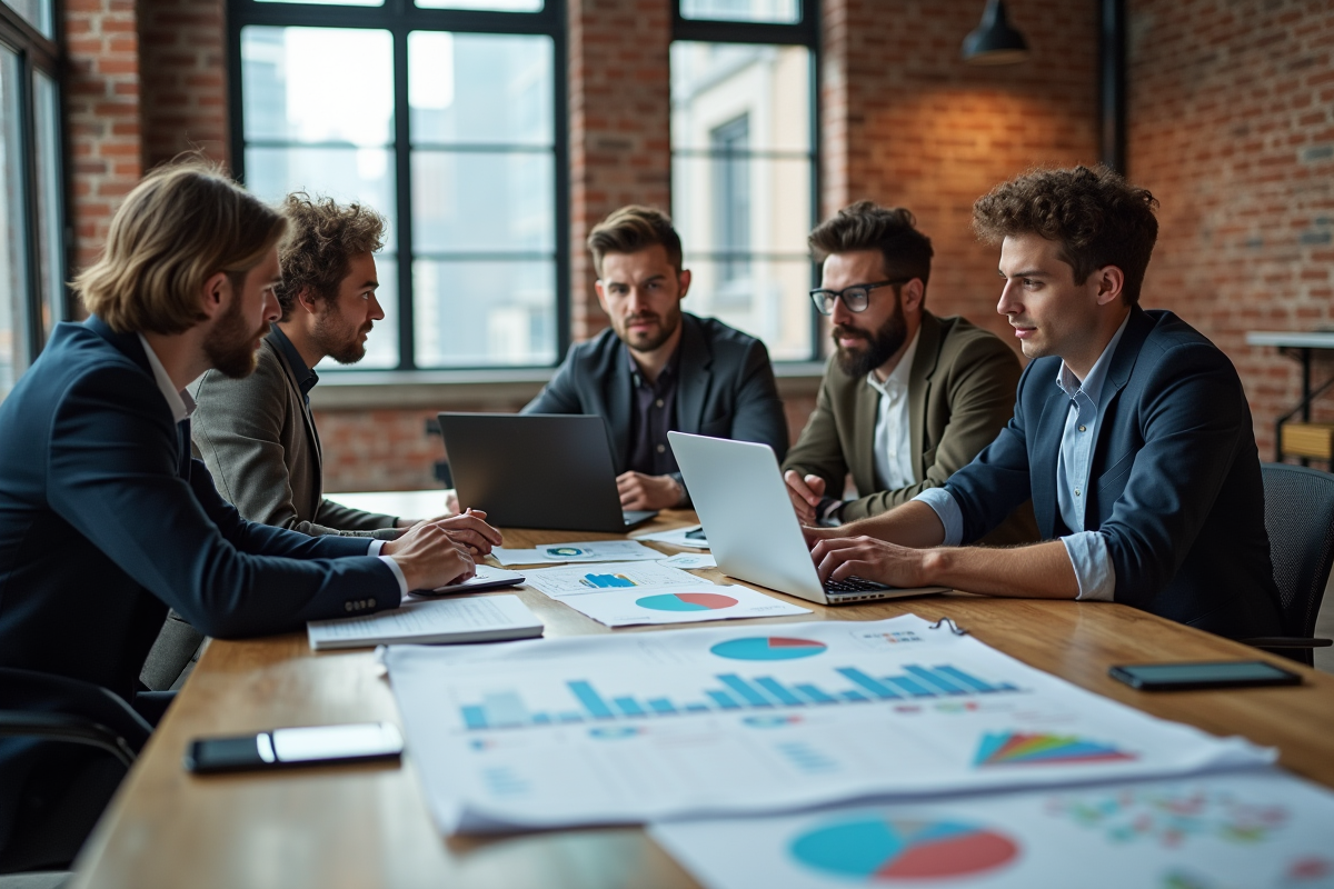 Groupe de collègues discutant autour de documents et ordinateurs