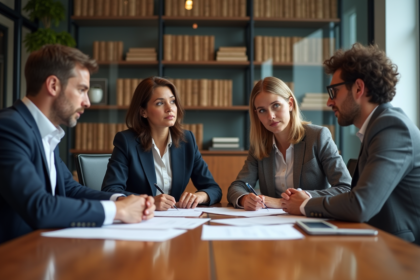 Groupe de professionnels en réunion législative dans un bureau moderne