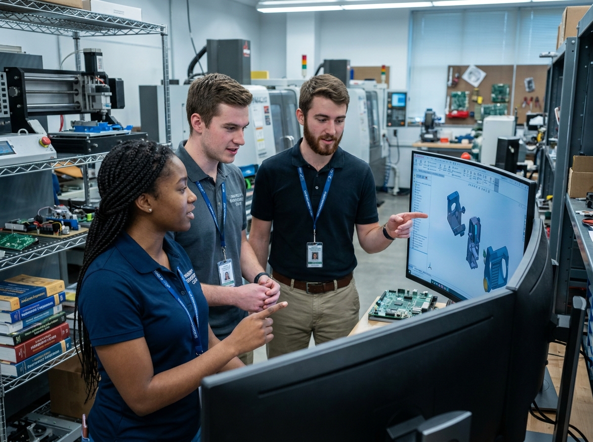 Groupe de jeunes ingénieurs en alternance collaborant autour d'un logiciel de CAO dans un laboratoire d'ingénierie alliant université et industrie