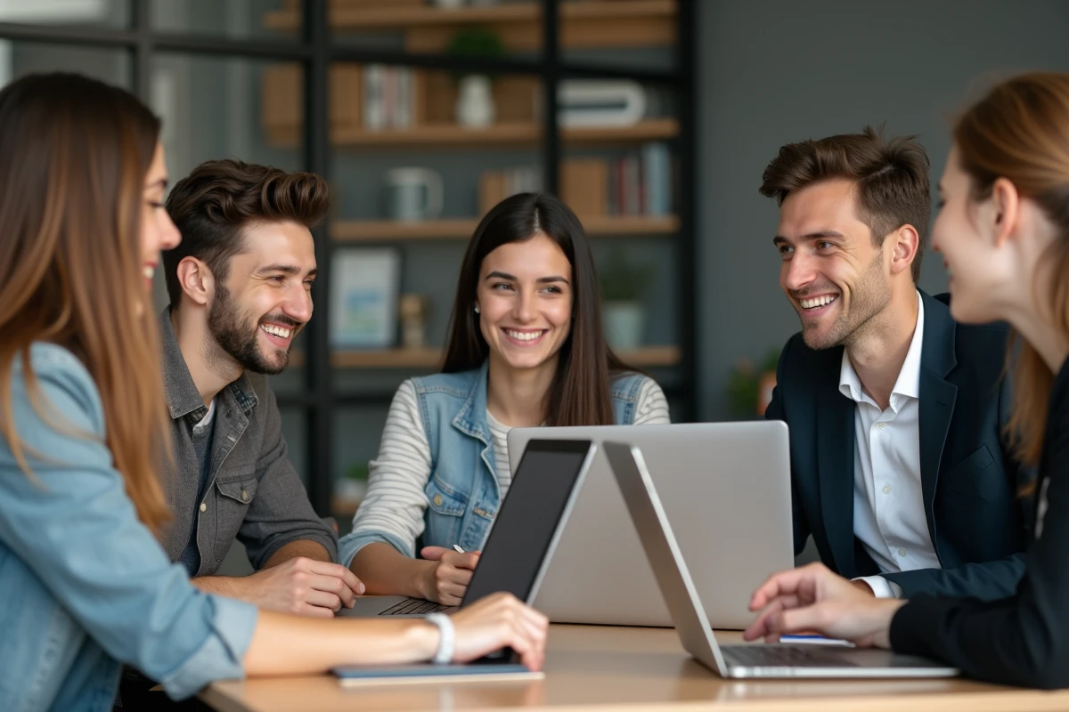 Jeunes adultes en réunion de travail en espace moderne