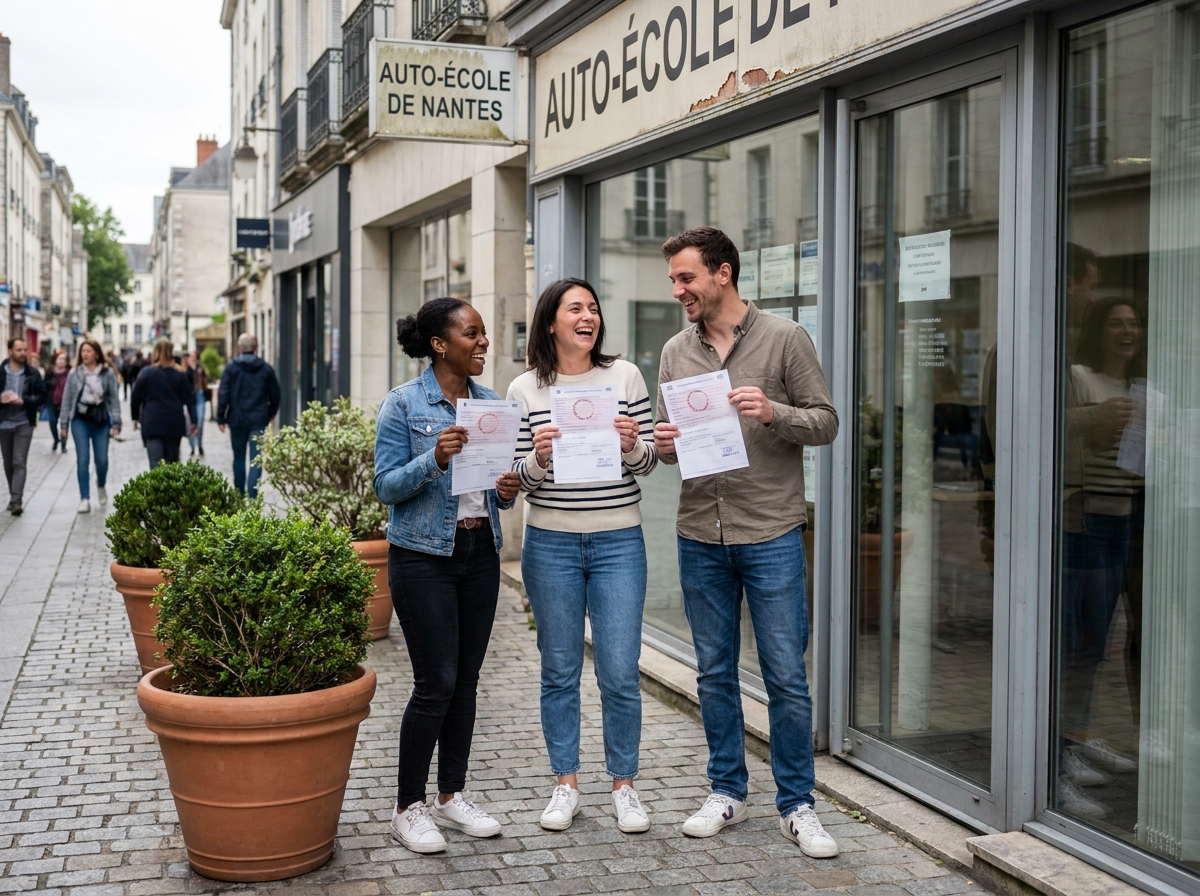 Groupe de jeunes adultes devant une auto-école nantaise tenant leurs documents de permis de conduire avec satisfaction