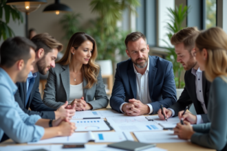 Groupe de professionnels en réunion dans un bureau lumineux
