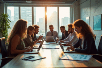Groupe de professionnels collaborant dans un bureau lumineux
