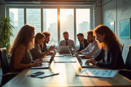 Groupe de professionnels collaborant dans un bureau lumineux