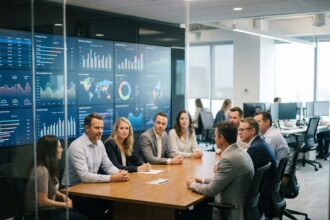 Groupe de professionnels autour d'un tableau digital en réunion