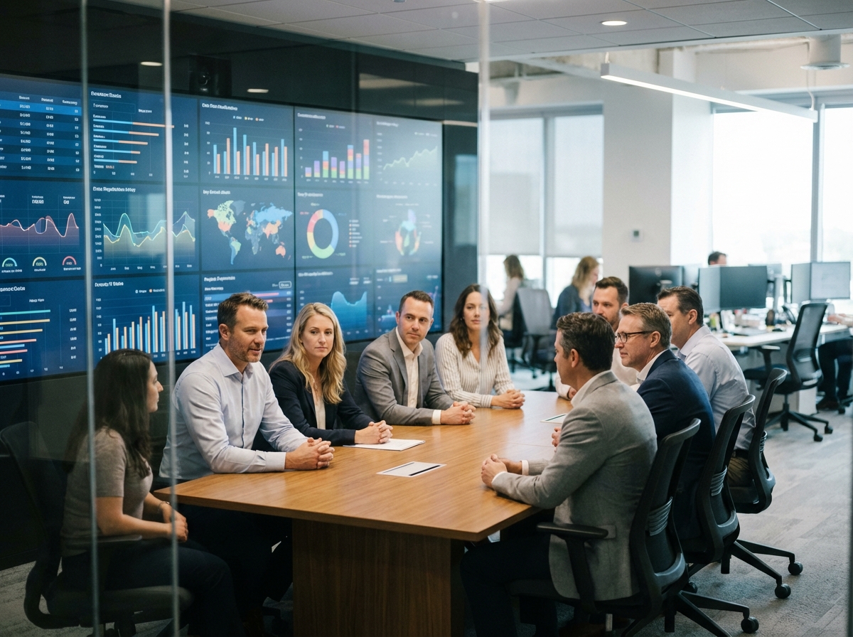 Groupe de professionnels autour d'un tableau digital en réunion