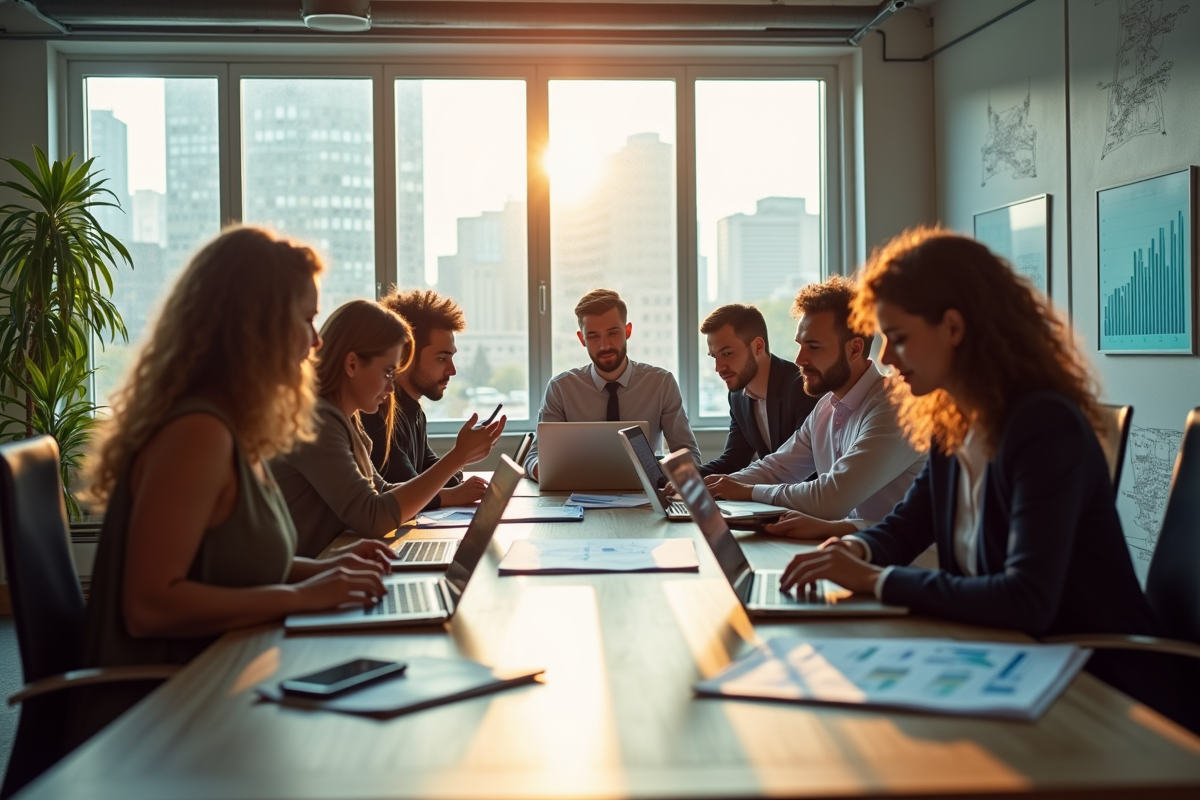 Groupe de professionnels collaborant dans un bureau lumineux