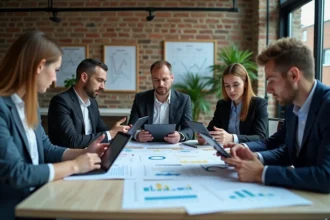 Groupe de professionnels discutant de graphiques économiques