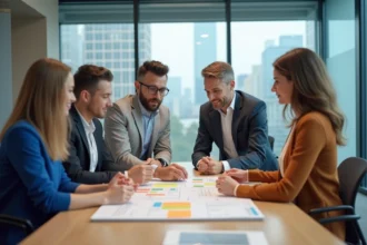 Groupe de professionnels en réunion autour d'un planning coloré