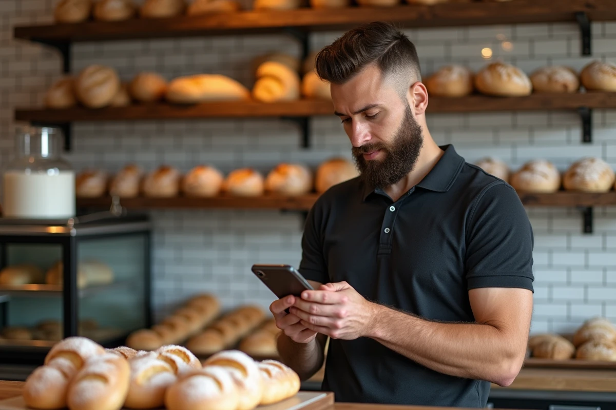 Boulanger artisan consultant son compte Instagram professionnel depuis son smartphone derrière le comptoir de sa boulangerie