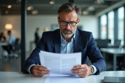 Homme d'affaires français en costume examinant des contrats radio