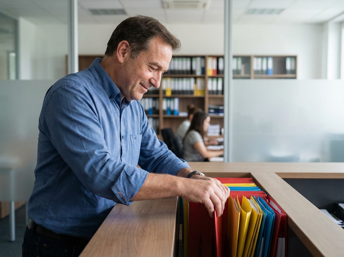 Homme d'affaires souriant organise des dossiers colorés