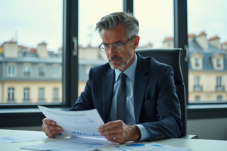 Homme d'affaires français en costume dans un bureau moderne