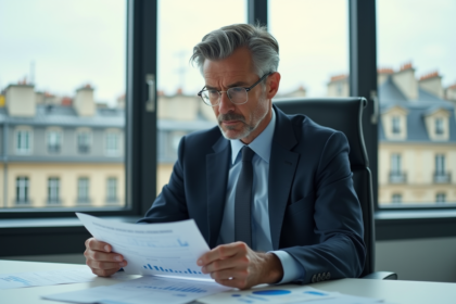 Homme d'affaires français en costume dans un bureau moderne