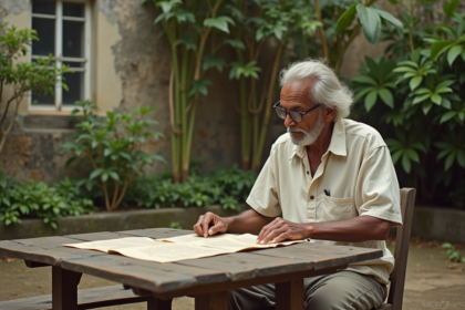 Homme age haitien examine documents historiques en plein air