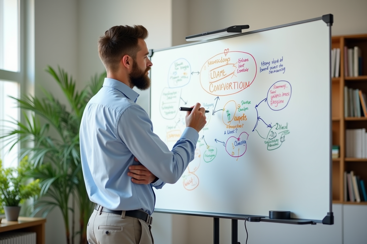 Homme en brainstorming dans un bureau lumineux avec tableau blanc