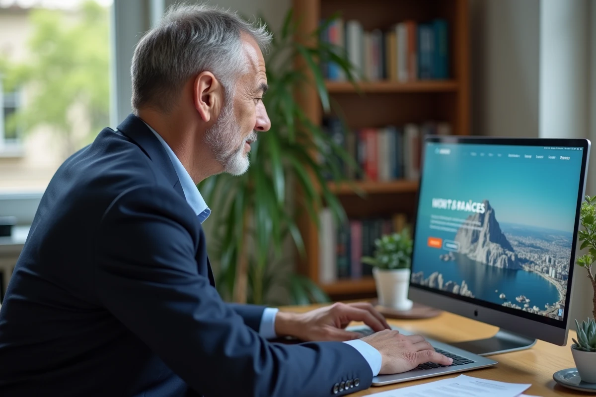 Homme d'âge moyen utilisant un ordinateur portable pour naviguer sur Air France