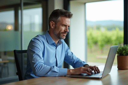 Homme d'âge moyen travaillant sur un ordinateur dans un bureau moderne