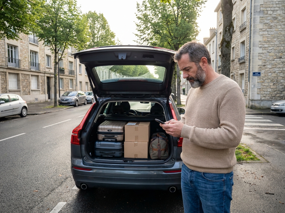 Homme vérifiant sa liste de déménagement à côté de sa voiture à Reims