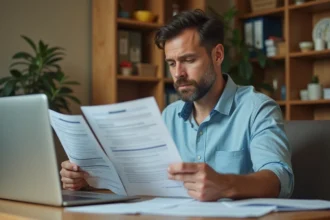 Homme consultant des documents sur le dispositif Alsace cahr à son bureau