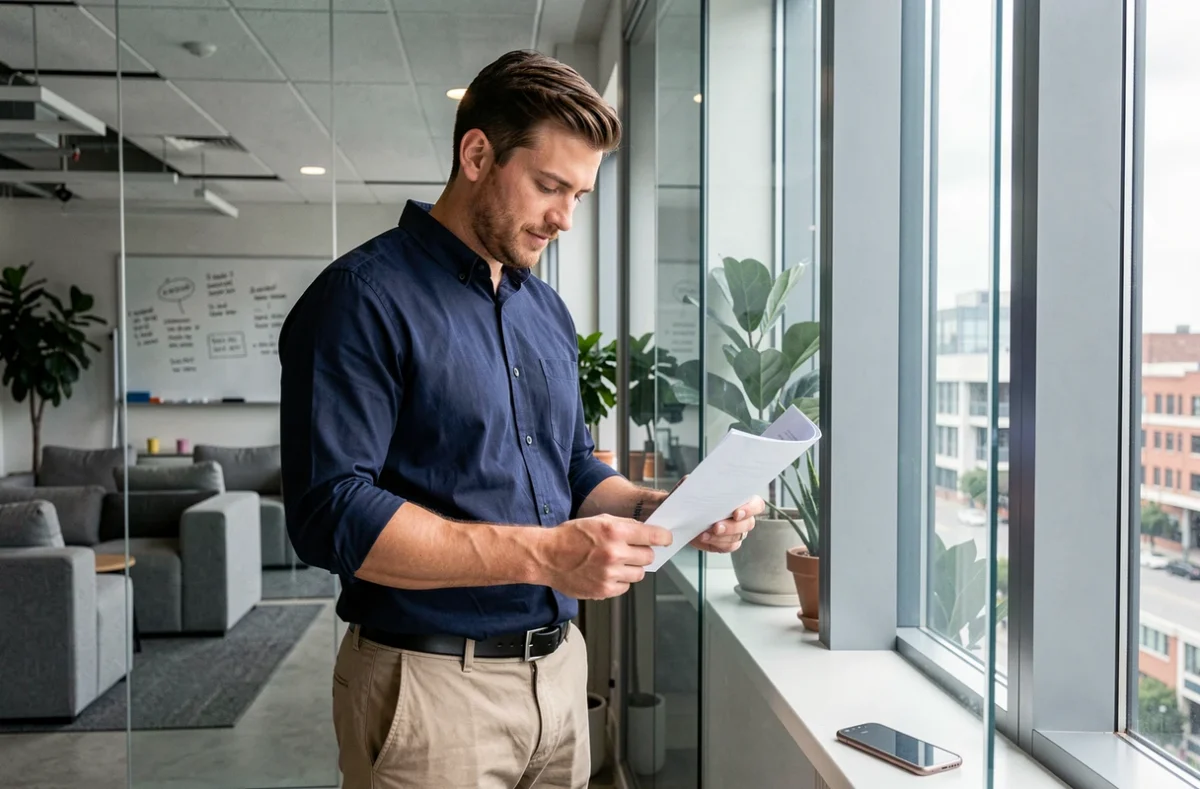 Homme consultant des documents dans un espace de coworking lumineux avec cloisons vitrées et espace lounge