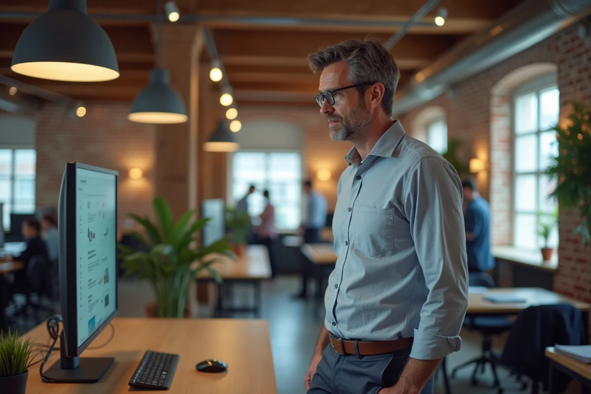 Homme consultant un site web professionnel dans un espace de coworking moderne pour développer sa présence numérique
