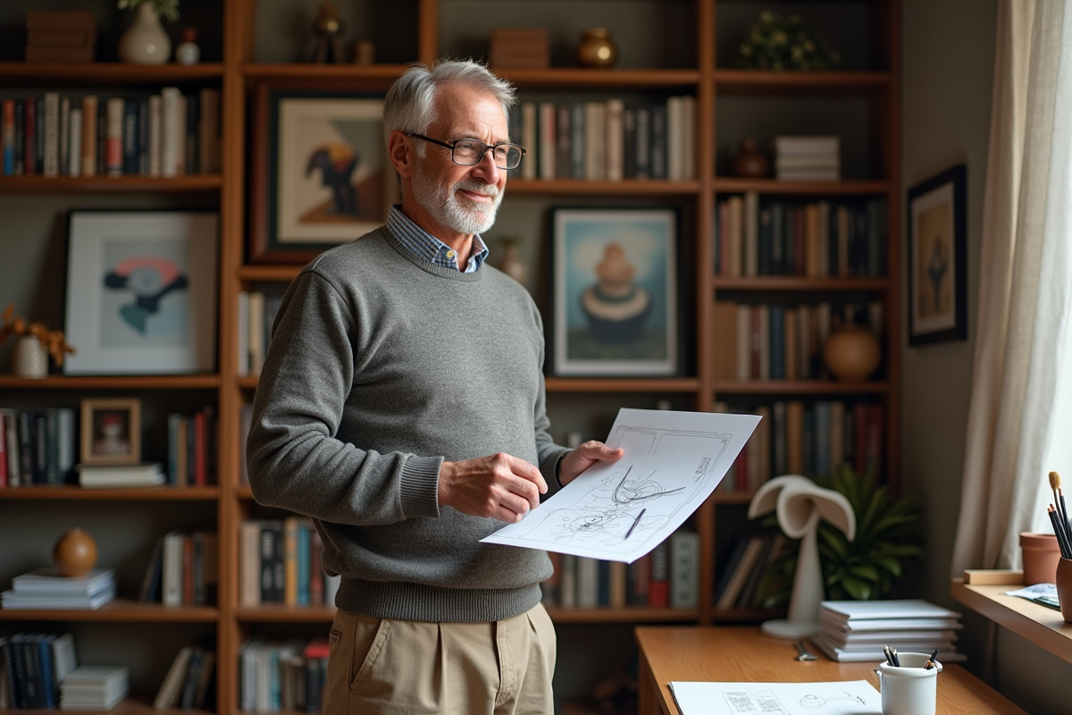 Homme examinant un croquis avec symboles de copyright dans un bureau