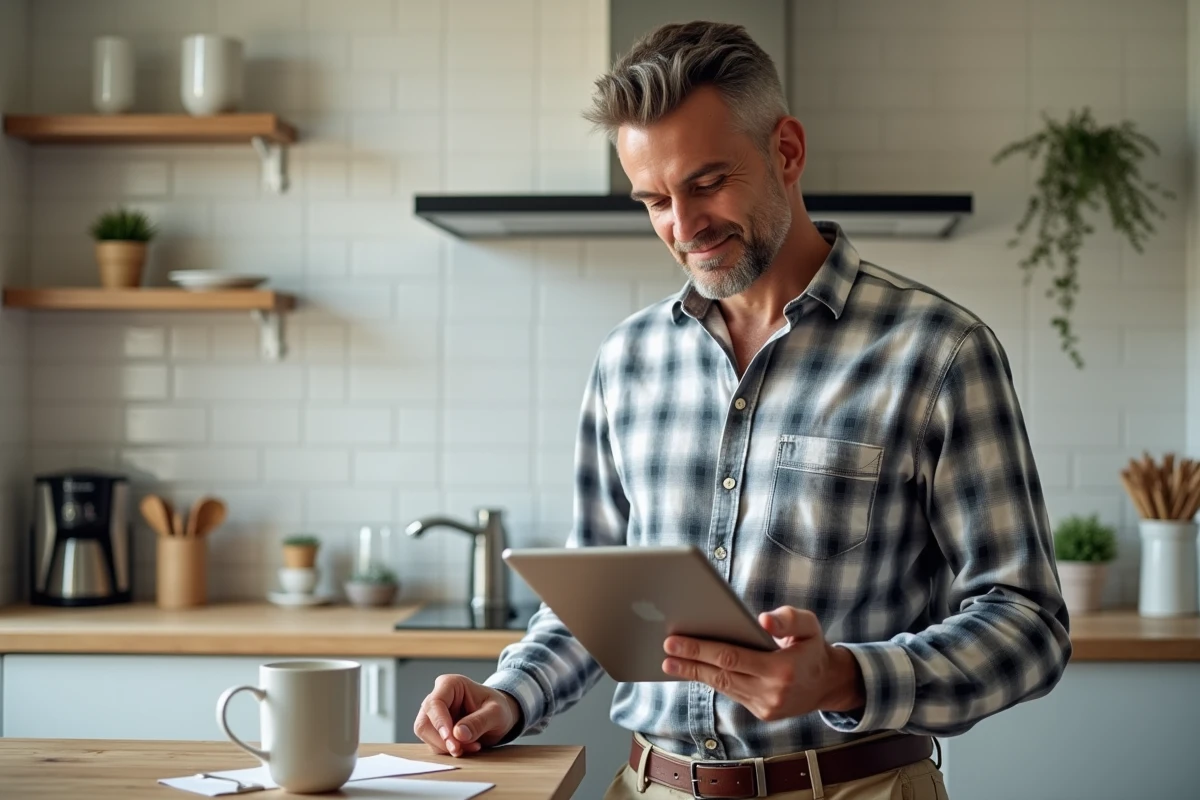 Homme dans la cuisine tenant une tablette et pensif