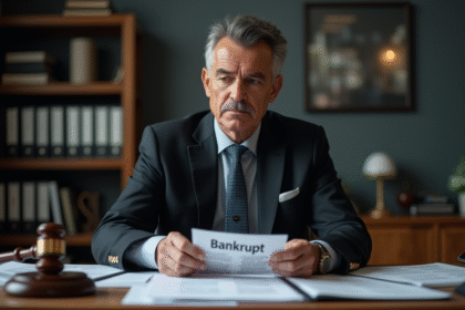 Homme d'affaires en costume regardant un avis de faillite