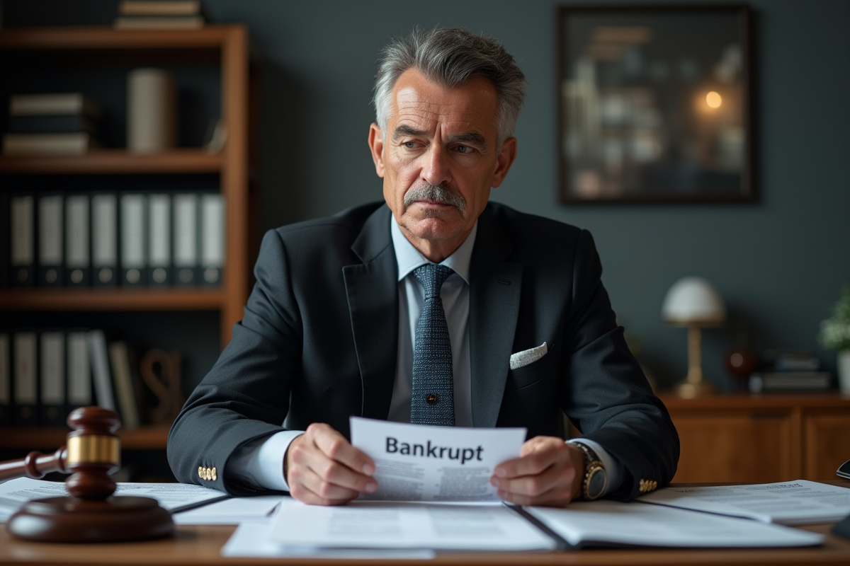 Homme d'affaires en costume regardant un avis de faillite