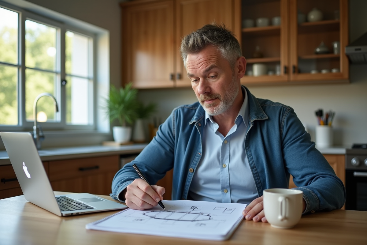 Homme dessinant un diagramme technique dans une cuisine moderne