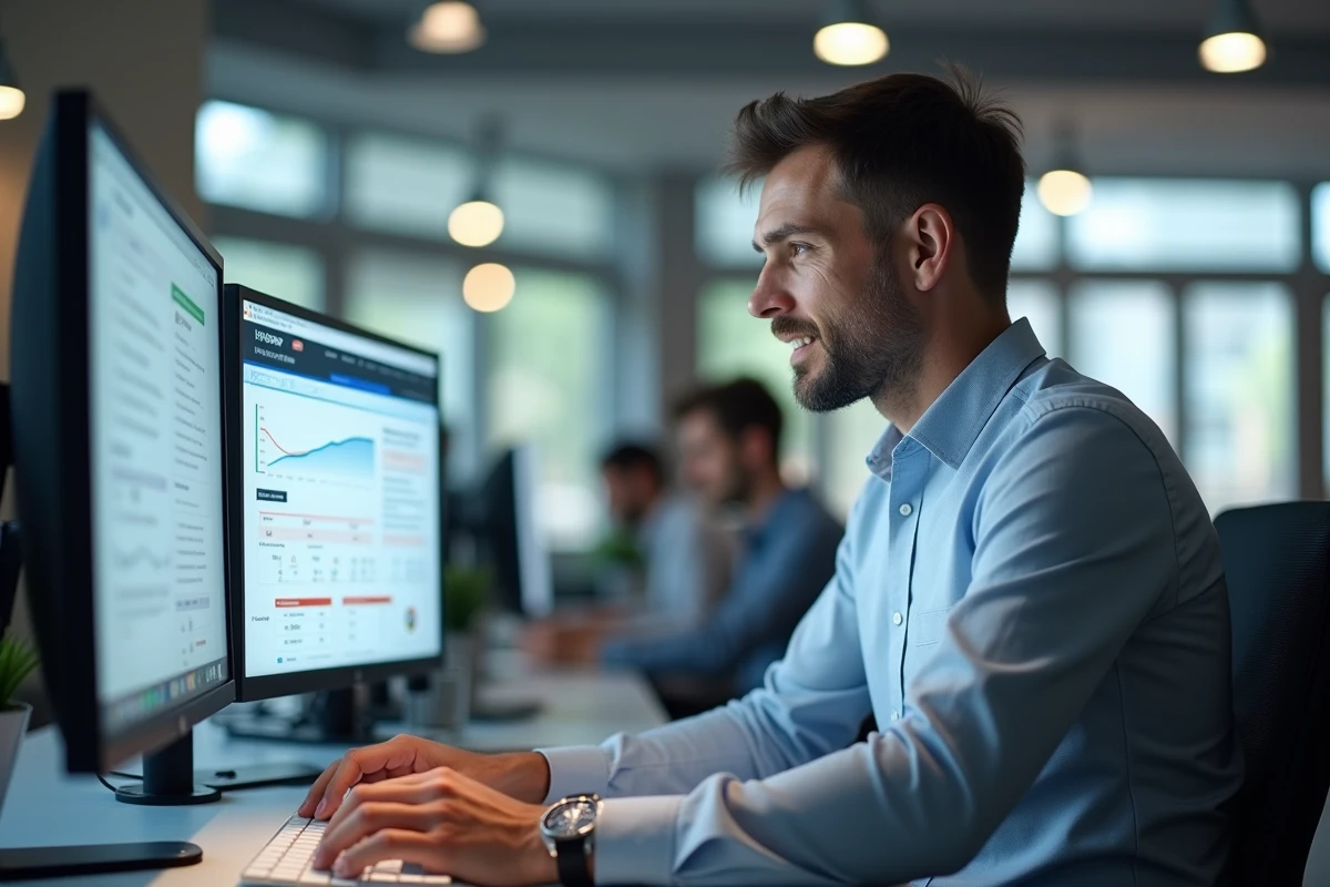 Homme en bureau comparant des devis d'assurance sur double écran dans un espace de travail moderne