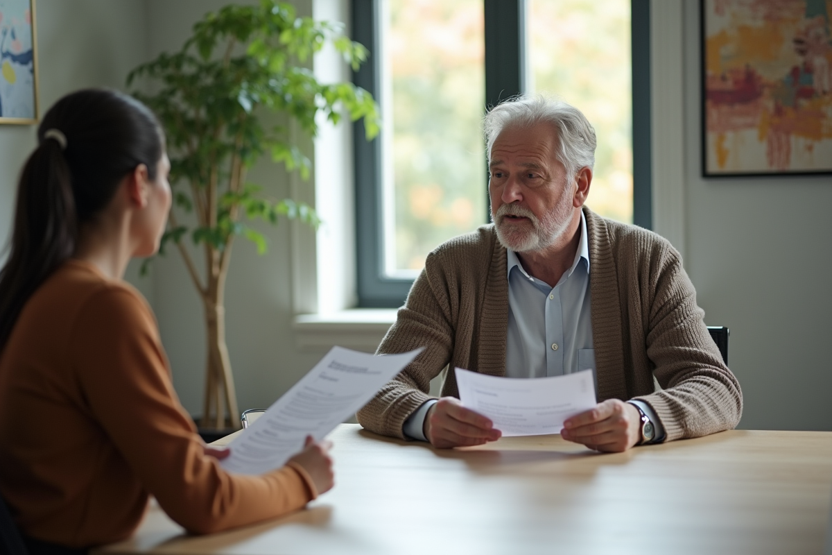 Homme discutant avec une representante RH dans un bureau accueillant