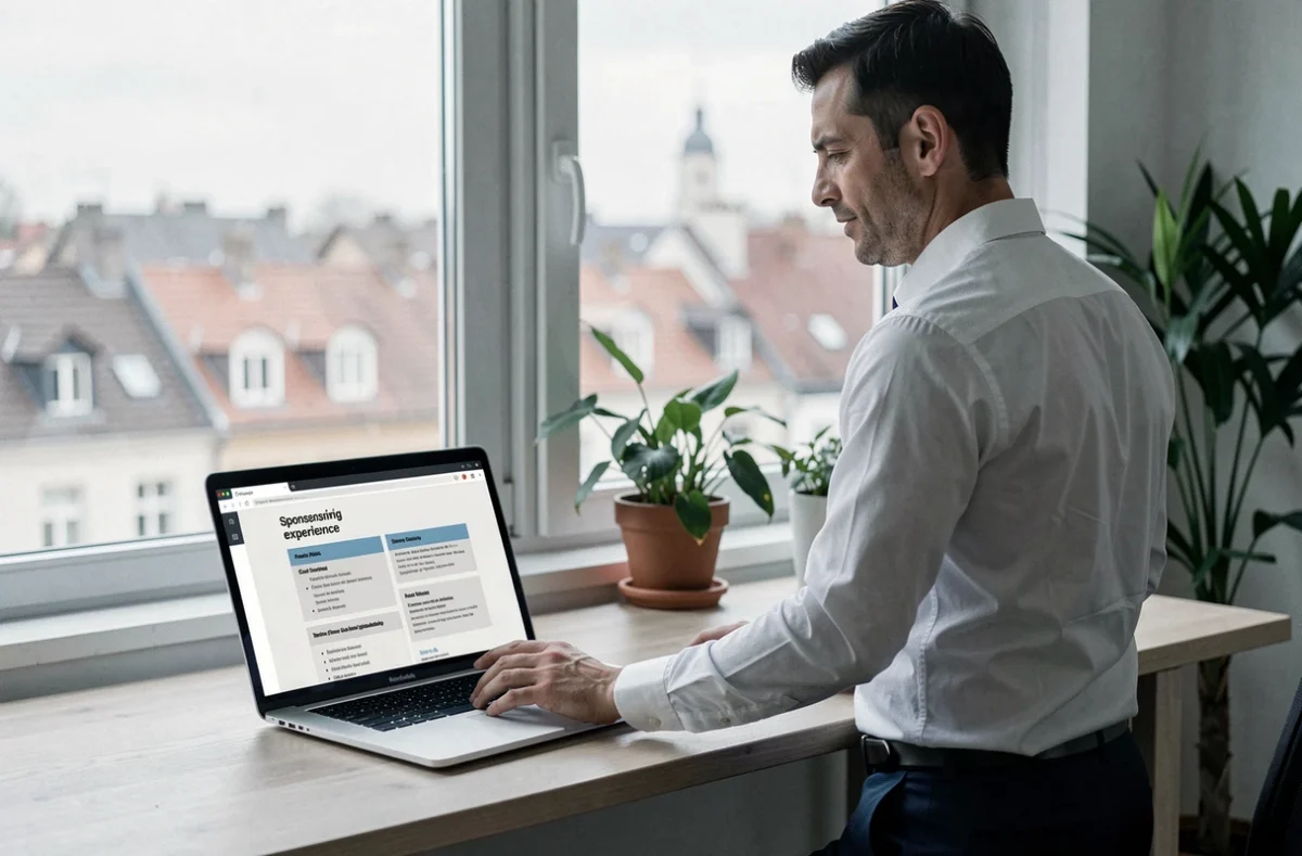 Homme éditant un CV bilingue en anglais sur ordinateur portable avec la section sponsorship visible à l'écran dans un bureau à domicile