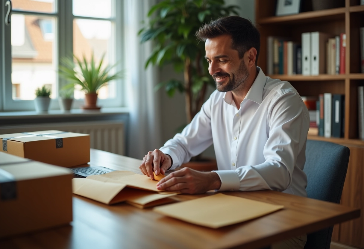 Homme assemblant des produits dans des enveloppes à la maison