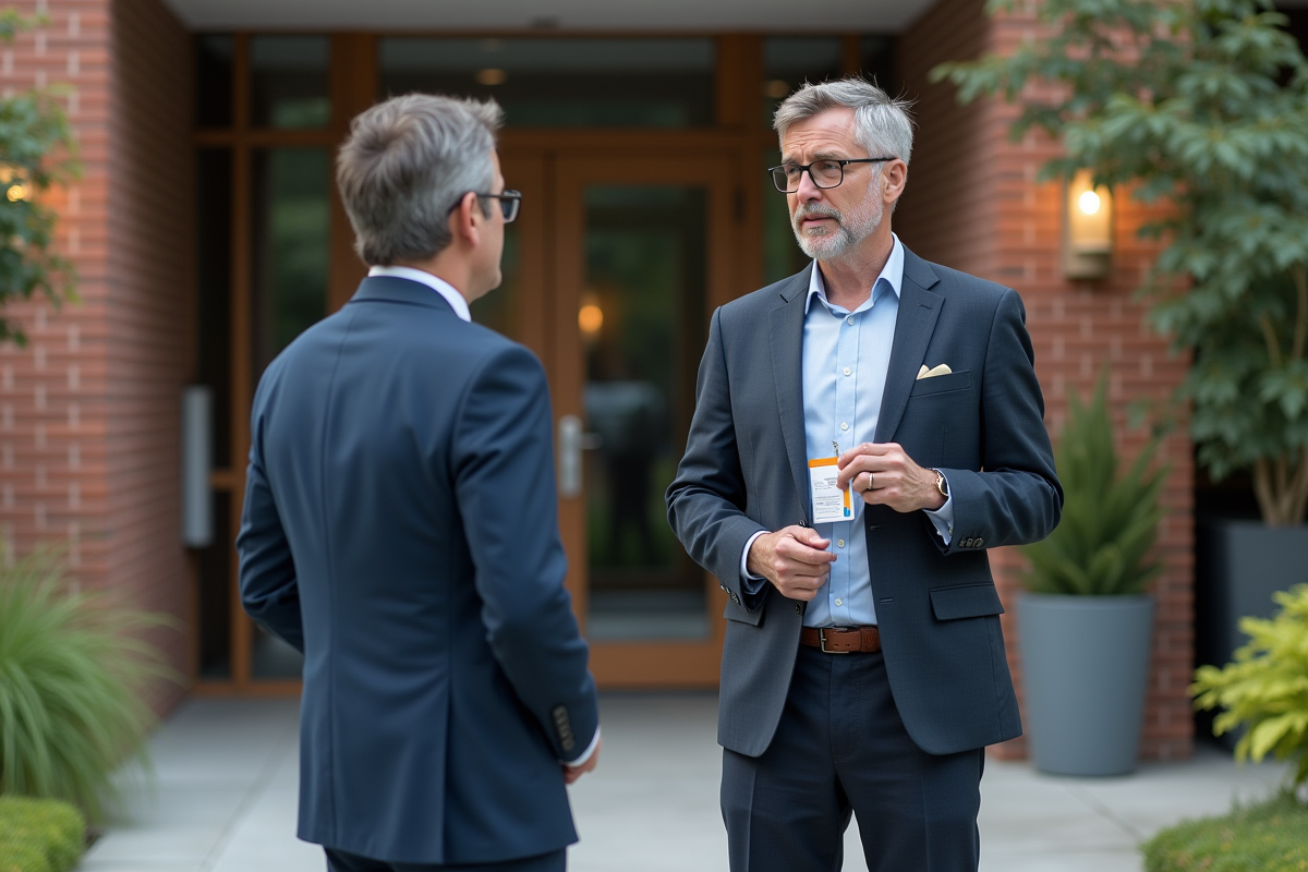 Homme d affaires expliquant l entrée de son entreprise