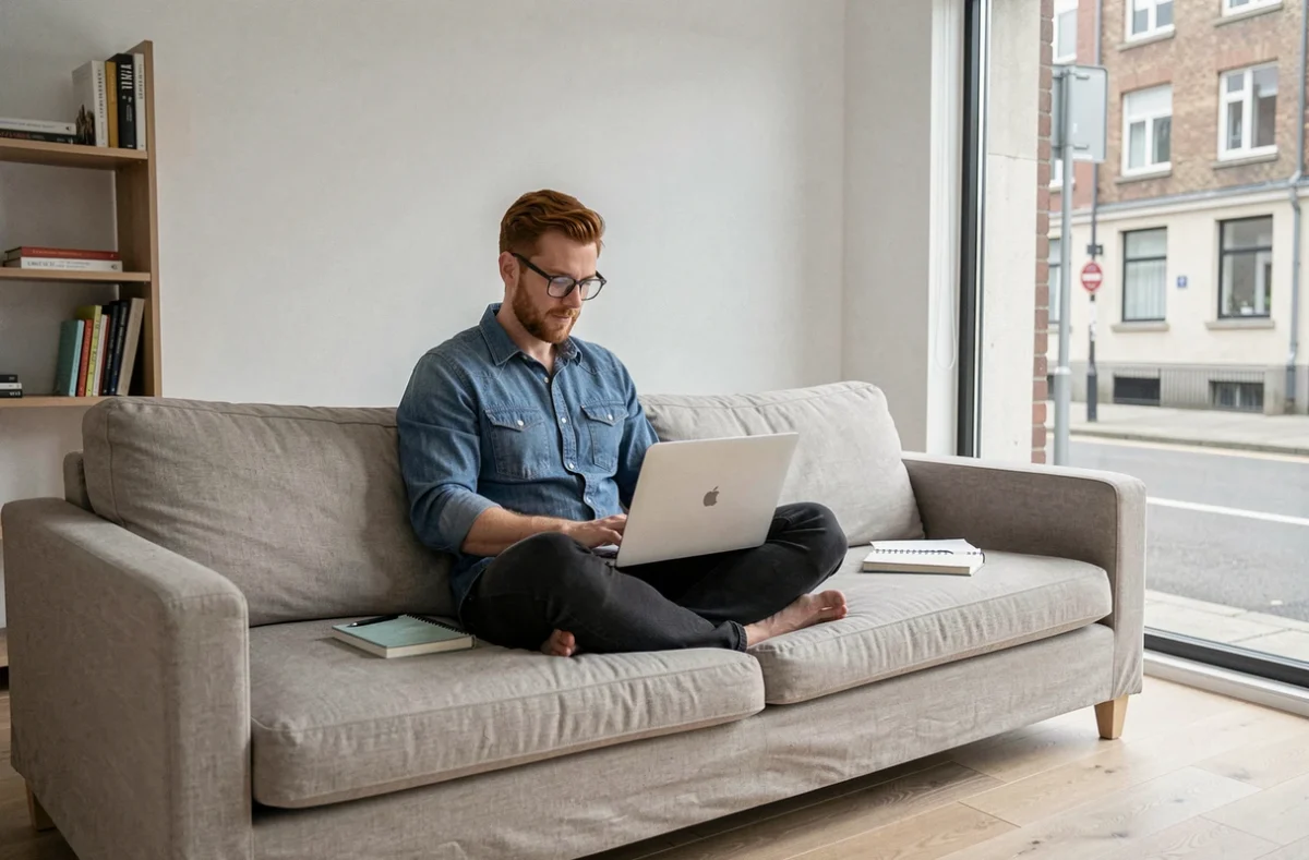 Homme introverti travaillant seul depuis chez lui sur un canapé dans un appartement minimaliste et lumineux