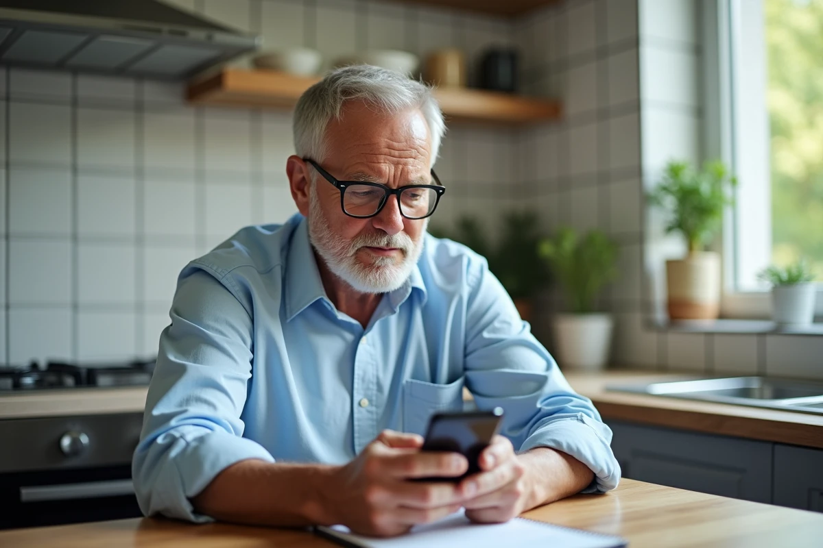 Homme âgé utilisant son smartphone dans une cuisine chaleureuse