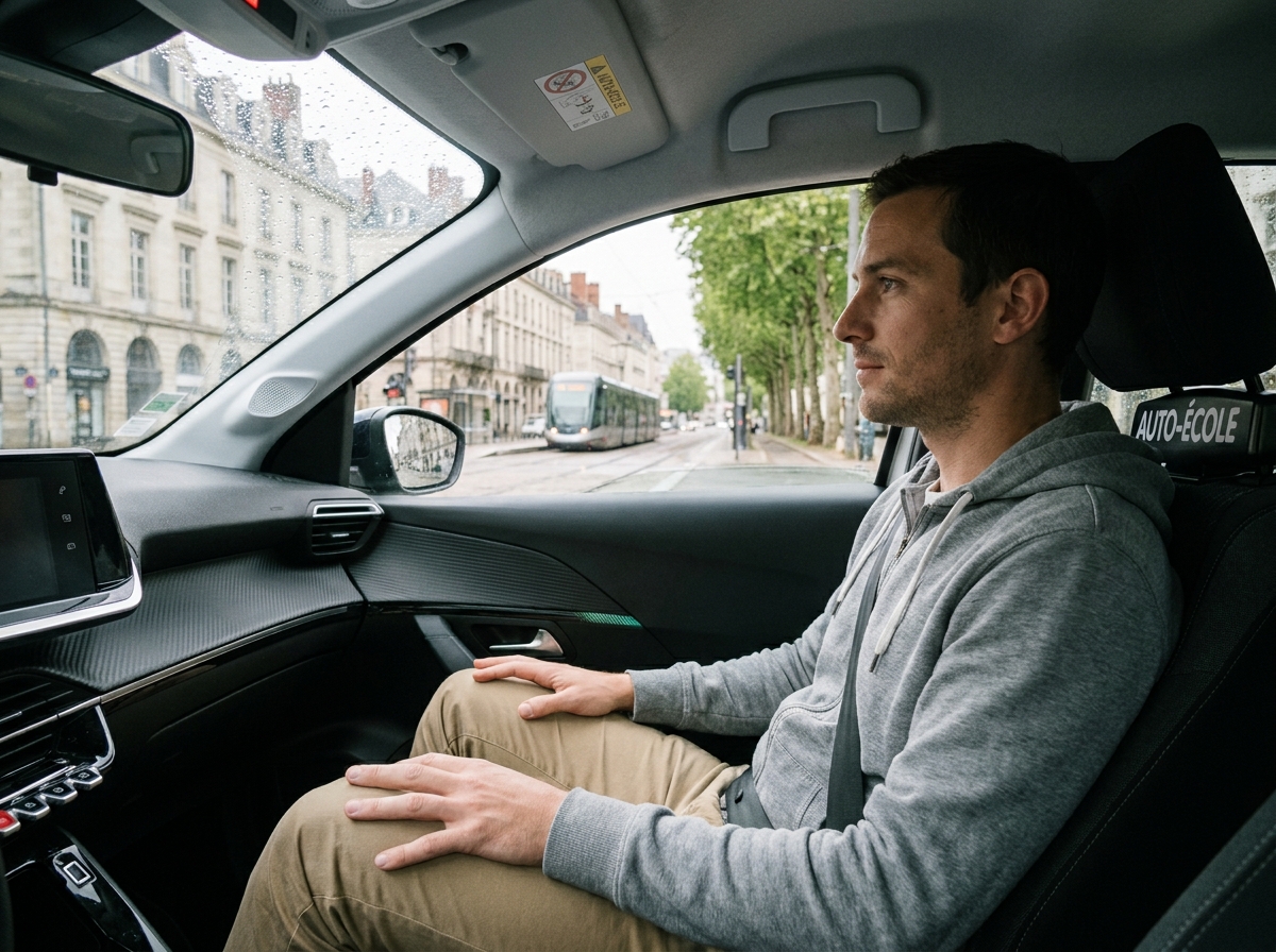 Homme en leçon de conduite avec un moniteur dans une auto-école de Nantes, concentré sur la route